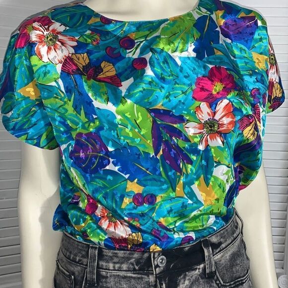 Vintage 80’s Satin Floral Jacquard Statement Blouse Women’s Large - Picture 7 of 9
